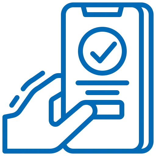 Blue line icon of a hand holding a smartphone displaying a checkmark approval symbol.