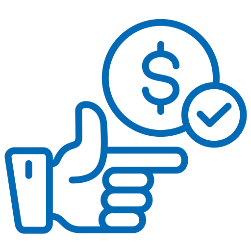 Blue line icon of a hand pointing forward with a dollar symbol and a checkmark indicating secure or approved payment.