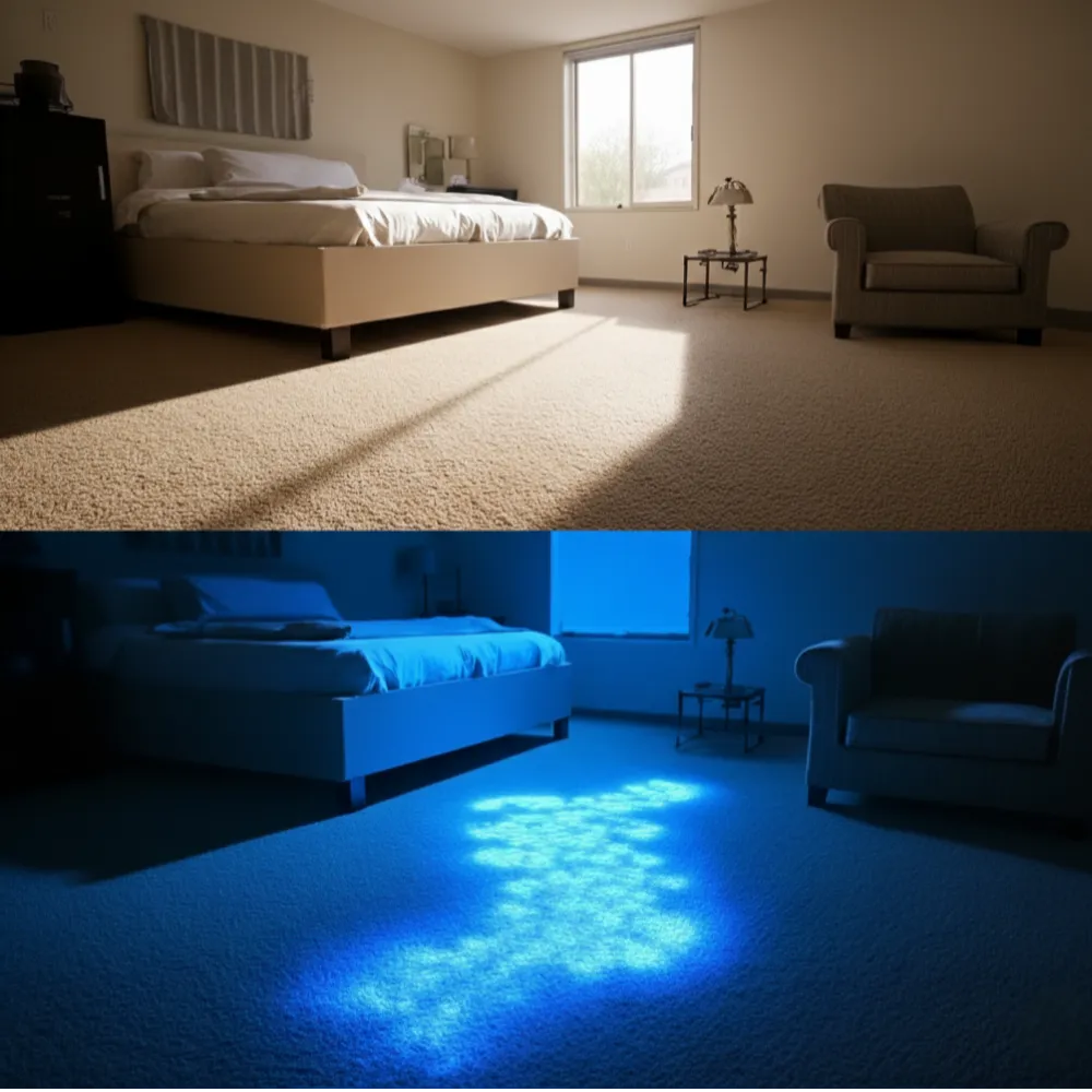 Technician using UV light to locate hidden pet stains