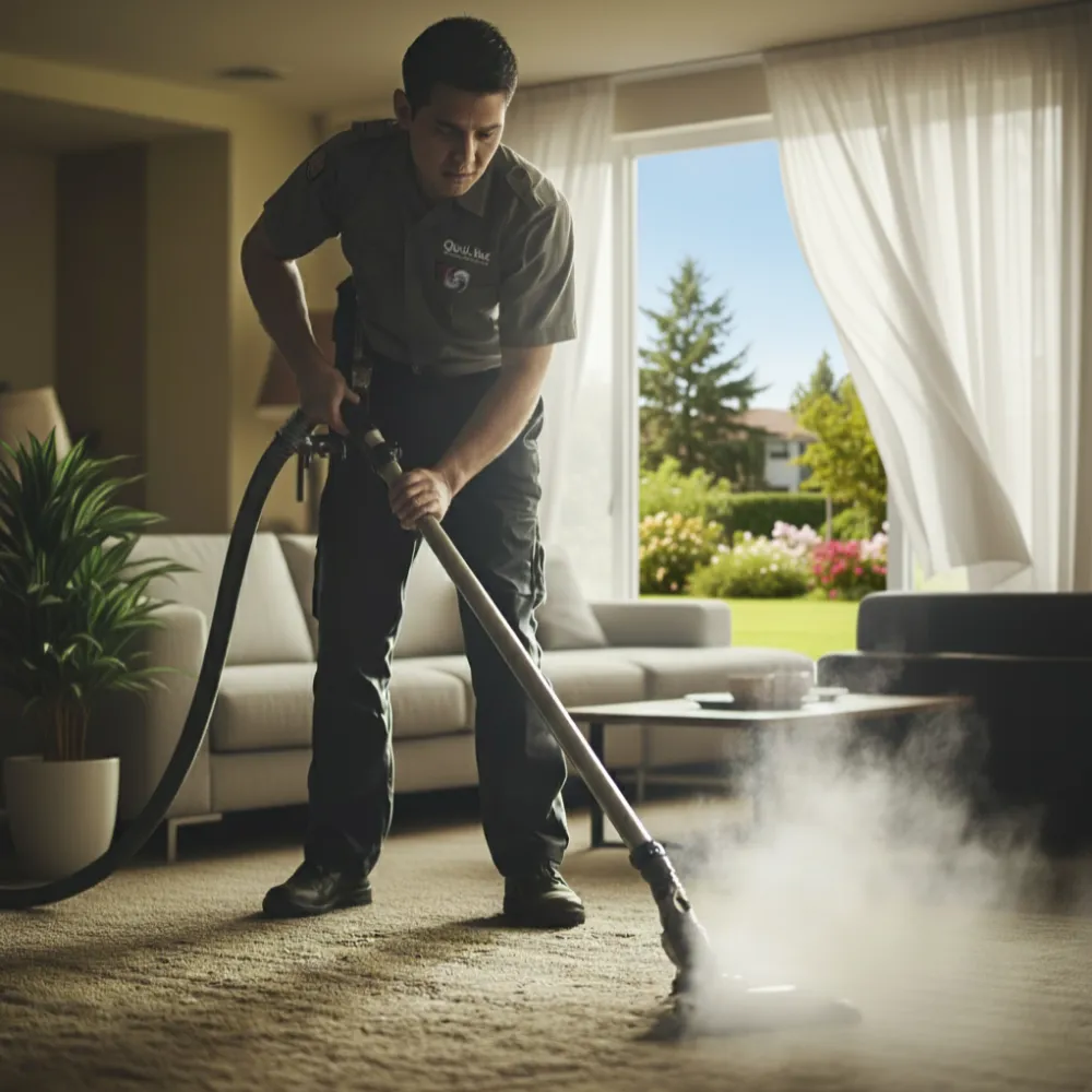 Cleaning technician using carpet extractor on upholstery