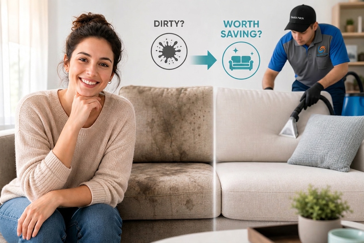 Professional upholstery cleaning technician deep cleaning a fabric sofa couch in a living room.