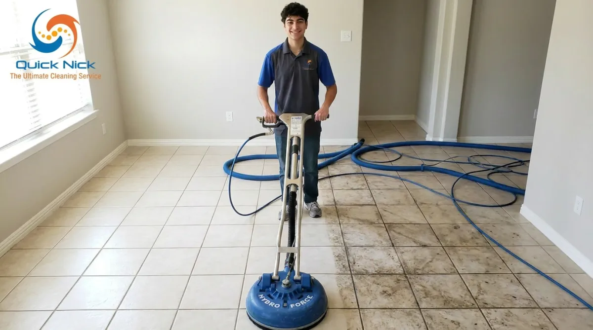 Professional tile and grout cleaning on a tiled floor in Spring, TX