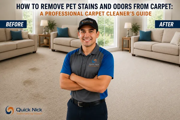 Quick Nick's Cleaning technician with before and after pet stain carpet cleaning results