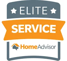 HomeAdvisor Elite Service badge with stars and orange ribbon.