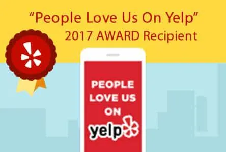 People Love Us on Yelp 2017 award graphic featuring a Yelp badge and a phone displaying the Yelp logo
