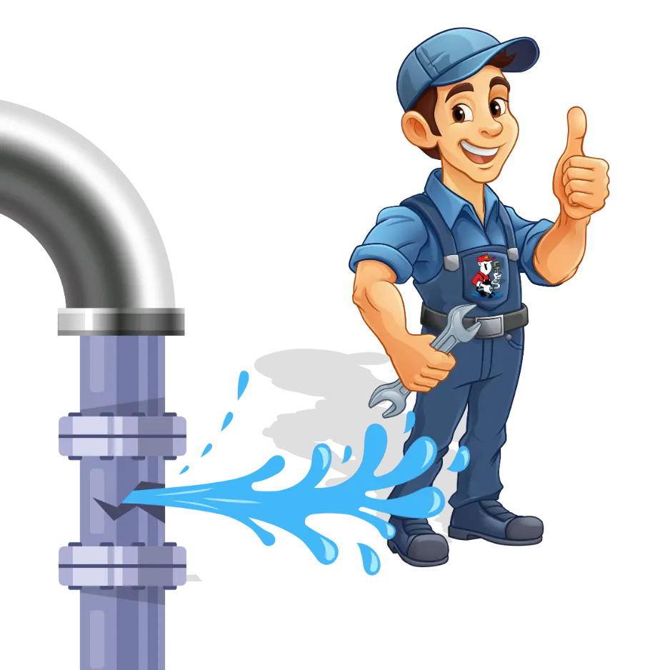 Cartoon plumber holding a wrench, smiling, with water spraying from a pipe, representing Todd's Plumbing services for blocked or leaking pipes.