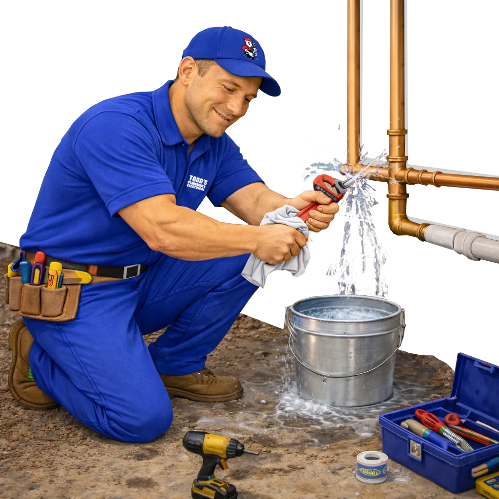 Plumber in blue uniform giving a thumbs up next to a leaking pipe with water splashing, representing Todd’s Plumbing expertise in leak detection and repair.