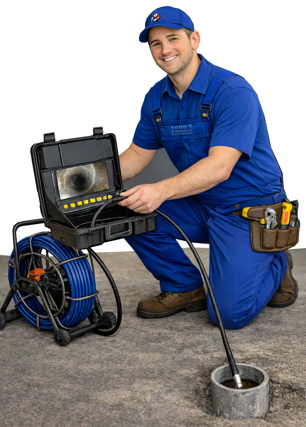 Technician using advanced pipe camera and laptop to inspect pipes for leaks and blockages, showcasing Todd's Plumbing expertise in plumbing services.