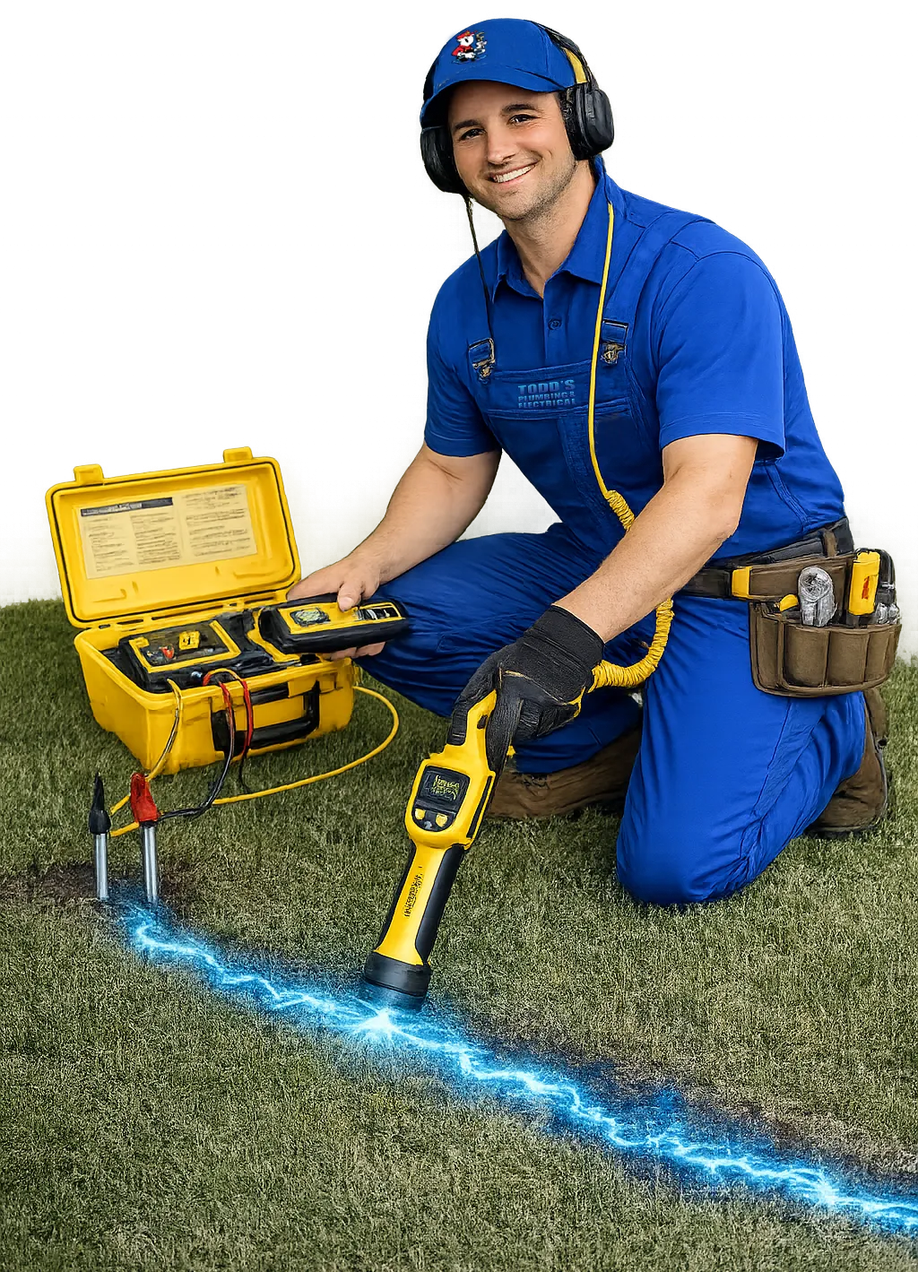 Plumber wearing headphones and holding a pipe inspection camera, representing Todd's Plumbing's advanced leak detection services.