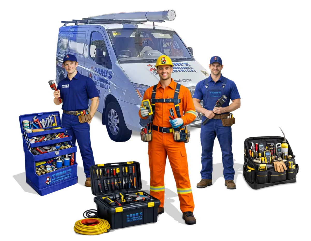 Plumber in blue uniform giving a thumbs up next to a leaking pipe with water splashing, representing Todd’s Plumbing expertise in leak detection and repair.