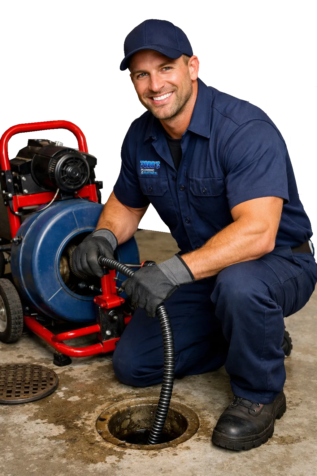 Plumber using an electric eel to clear blockages in pipes, wearing safety headphones and a blue uniform, emphasizing Todd's Plumbing's expertise in efficient plumbing solutions.