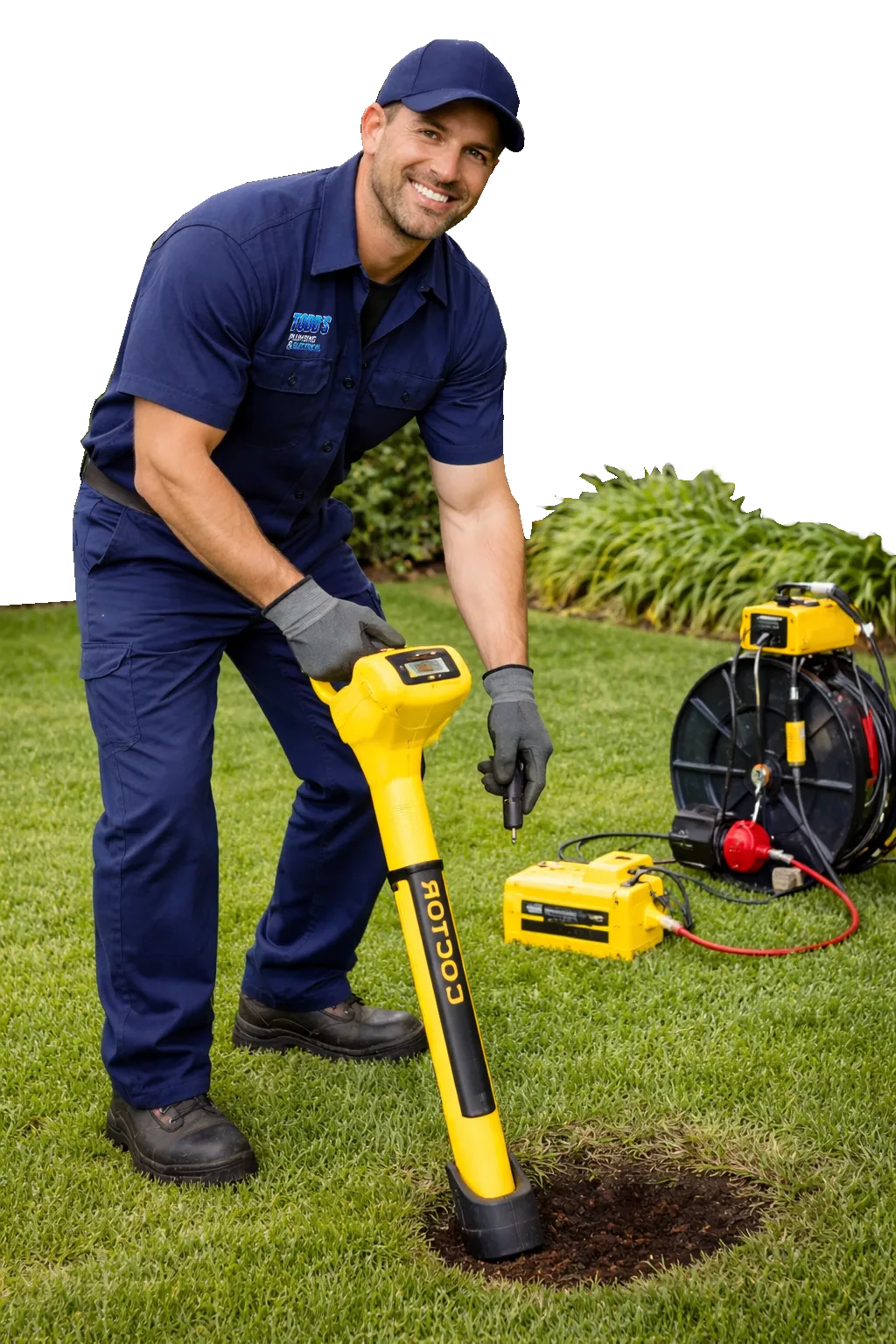 Plumber wearing headphones and holding a pipe inspection camera, representing Todd's Plumbing's advanced leak detection services.