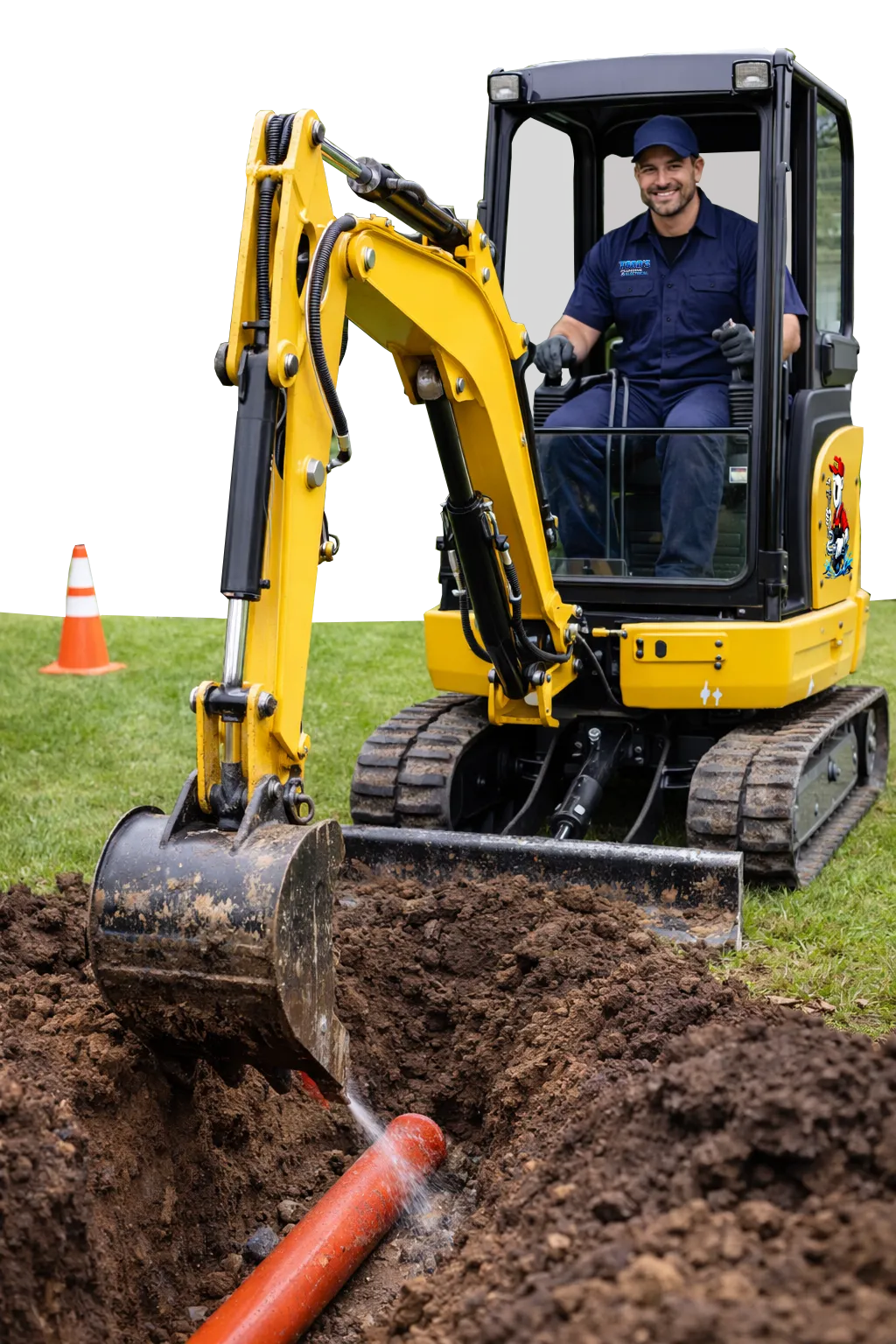 Todd's Excavation and Plumbing Services truck at an excavation site performing drainage and trenching work for clients.
