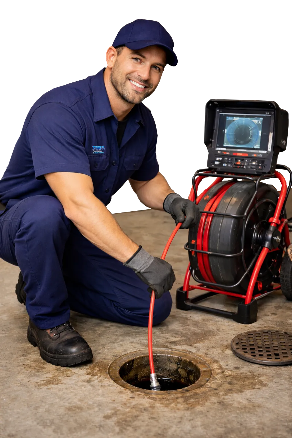 Technician using advanced pipe camera and laptop to inspect pipes for leaks and blockages, showcasing Todd's Plumbing expertise in plumbing services.