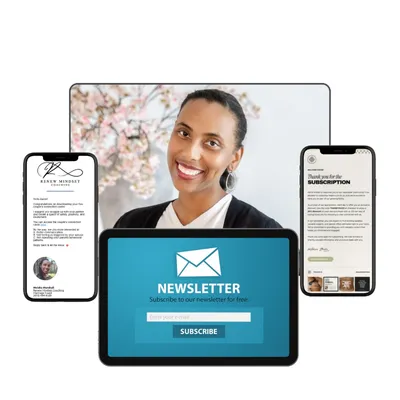 Mockup image of the Renew Mindset Coaching newsletter showing Singles and Couples editions on digital devices