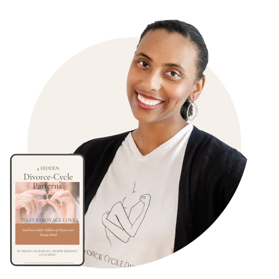 Portrait of Meisha Marshall, founder of Renew Mindset Coaching, smiling beside the Divorce Cycle Disrupter™ Guide mockup image on tablet