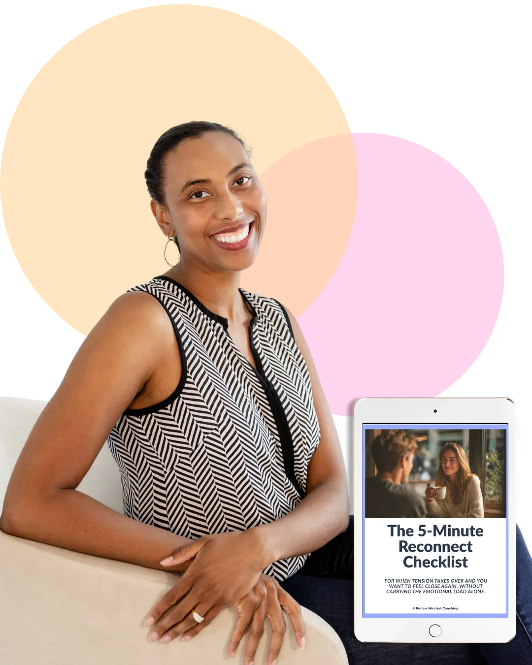 Meisha Marshall founder of Renew Mindset Coaching smiling beside mock-up of the 5-Minute Reconnect Checklist