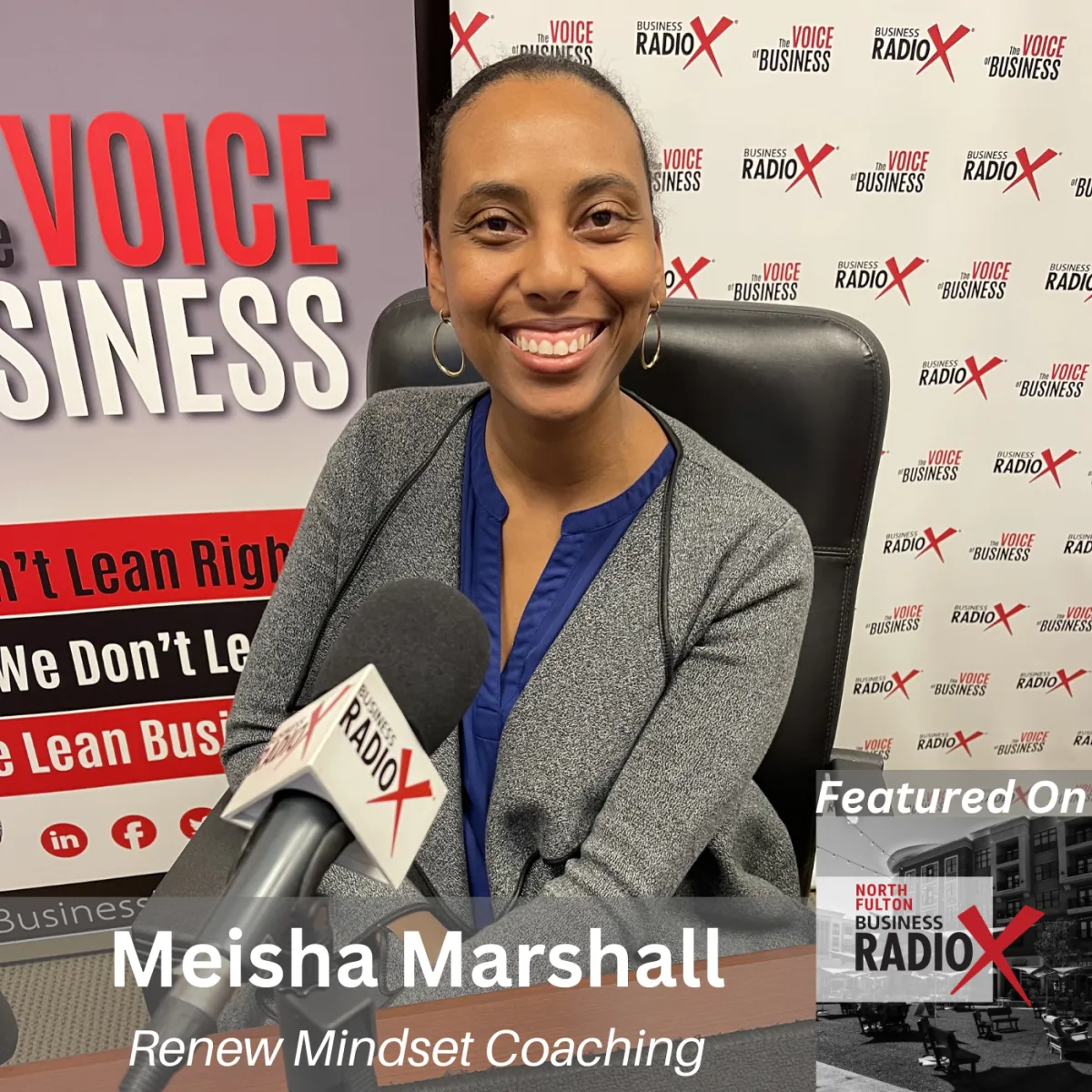 Photo of Meisha Marshall smiling at a podcast interview on Business Radio X, featured guest discussing relationship struggles and healing
