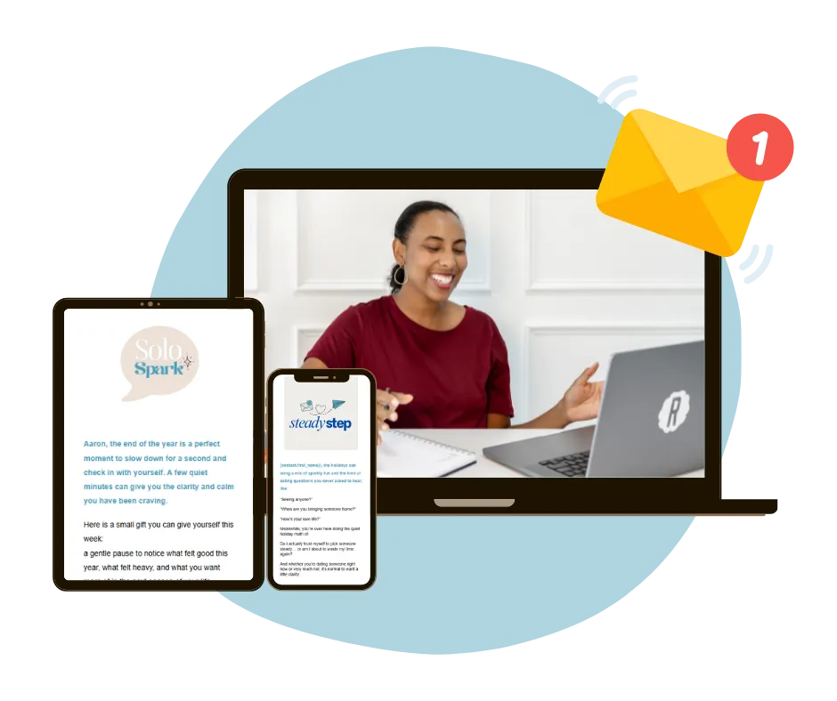 Mockup image of the Renew Mindset Coaching newsletter showing Singles and Couples editions on digital devices