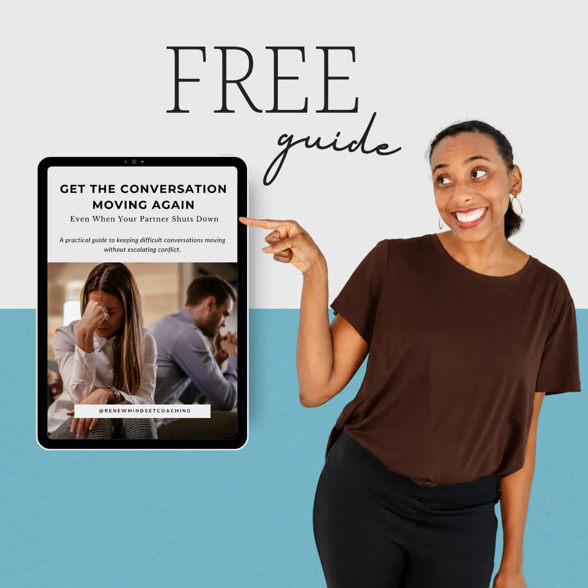 a photo of Meisha, marriage and Relationship coach, smiling beside tablet showing free relationship communication guide ‘How to Respond When Your Partner Shuts Down’ from Renew Mindset Coaching.”