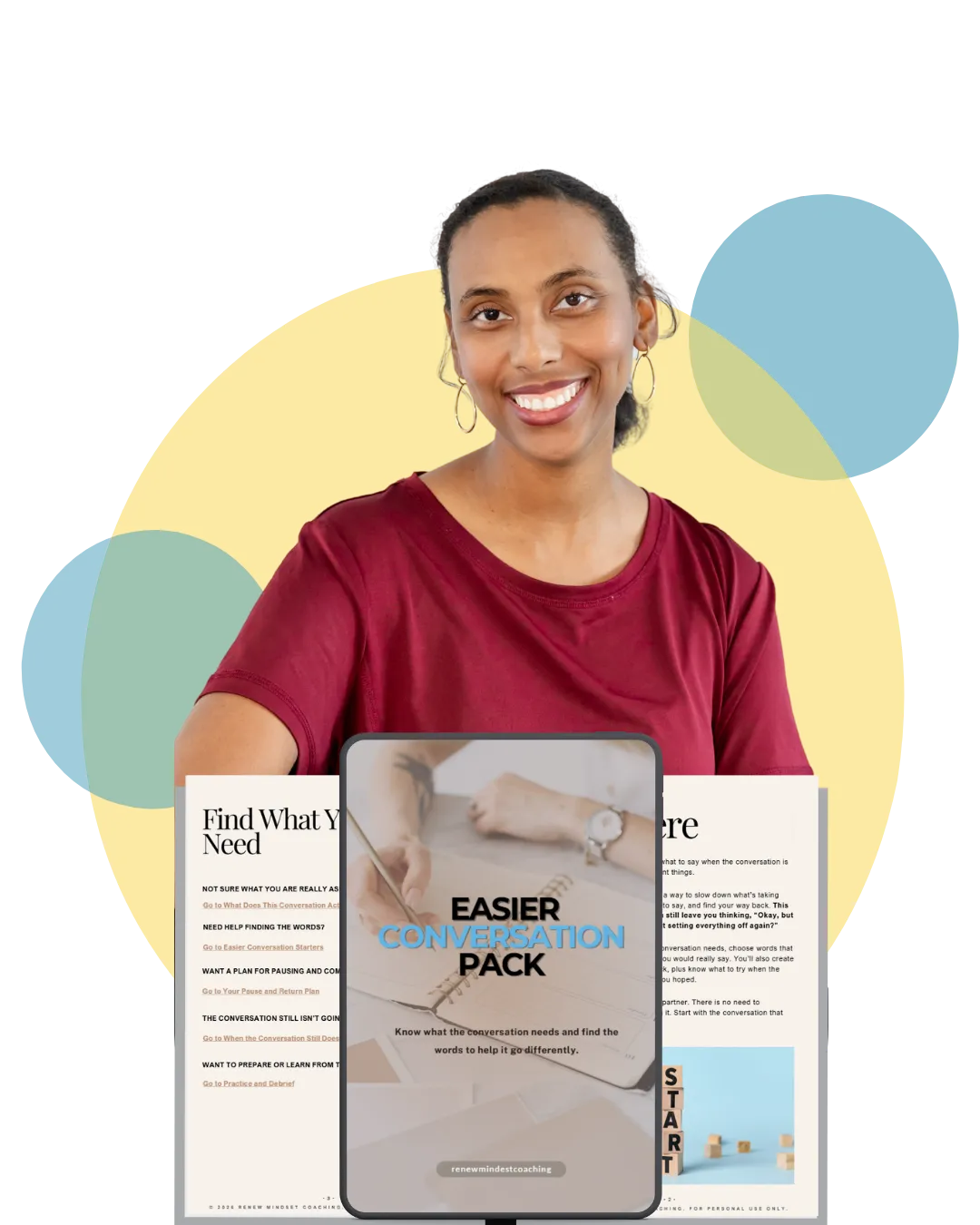 Meisha Marshall smiling and the easier conversation pack mock up image