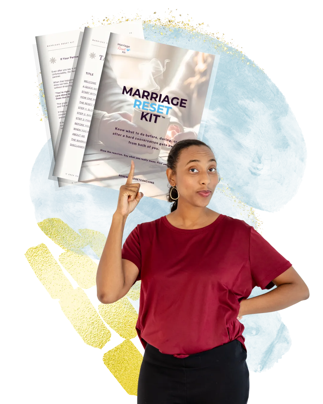 Photo of Meisha Marshall point to marriage reset kit mock up image