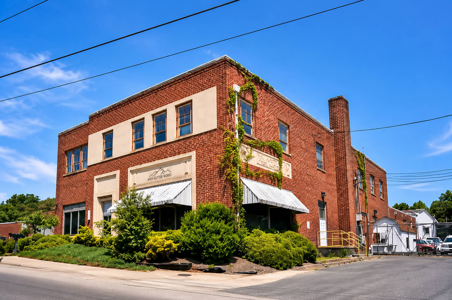 Commercial brick building with gutter system installed in Apex, NC