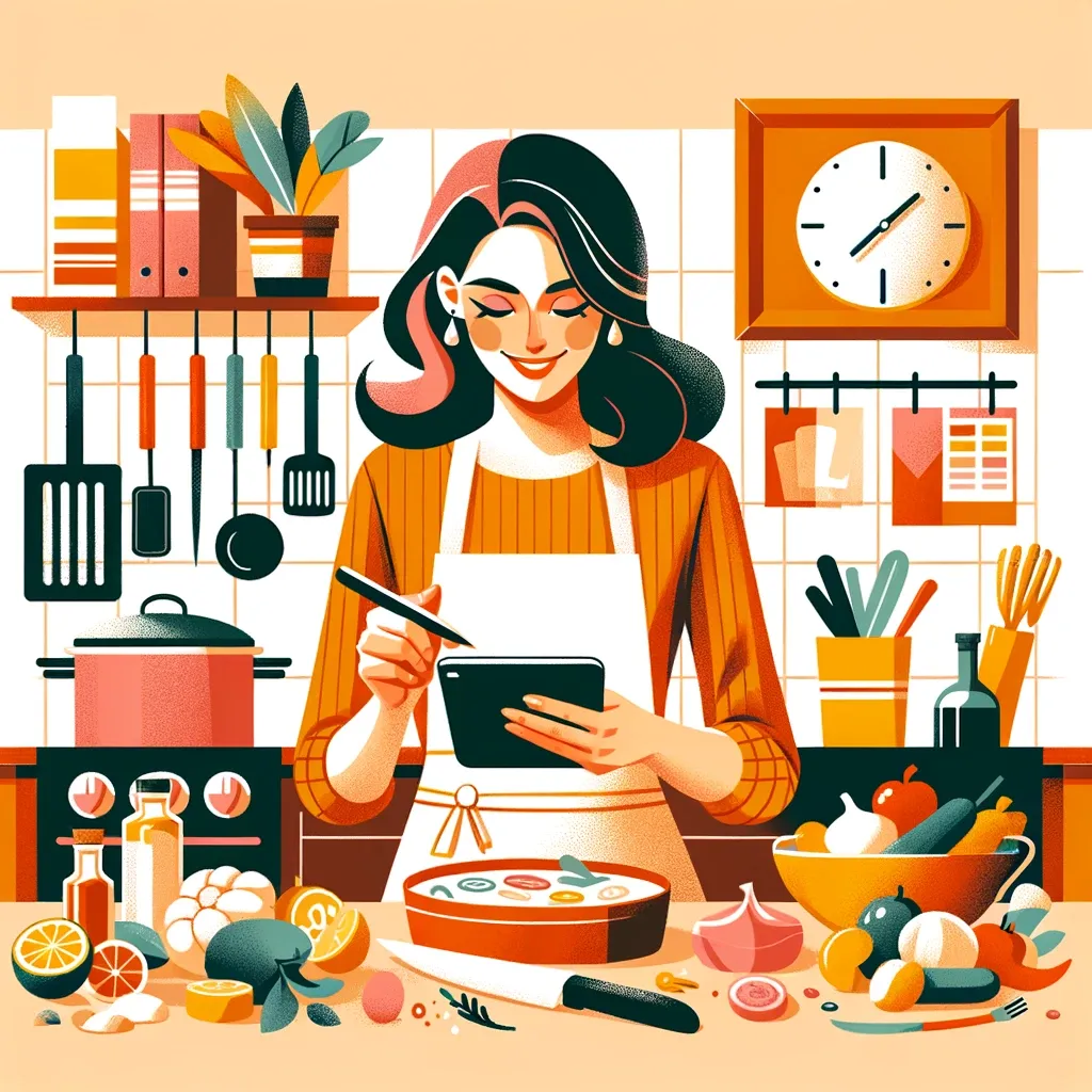 Woman reading recipe in kitchen