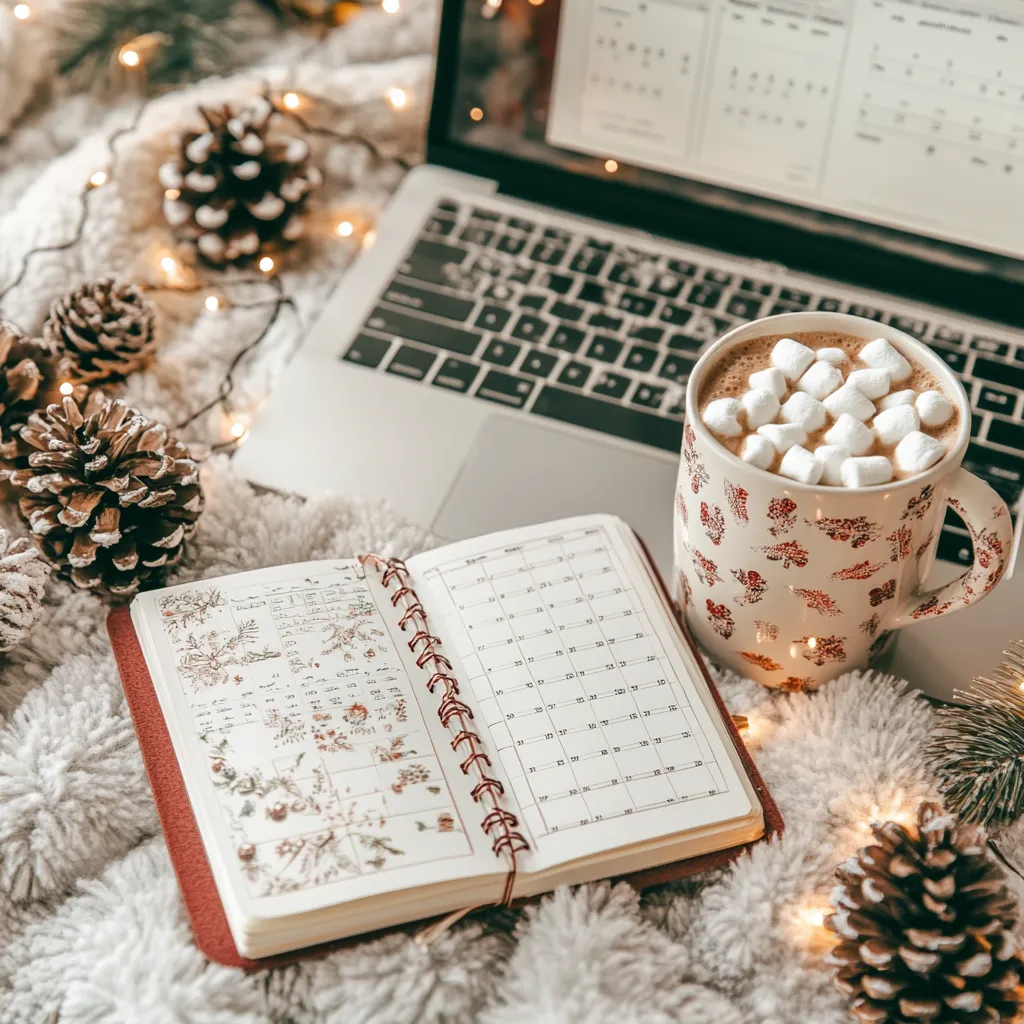 photo of planner, hot cocoa, and laptop, planning christmas festivities