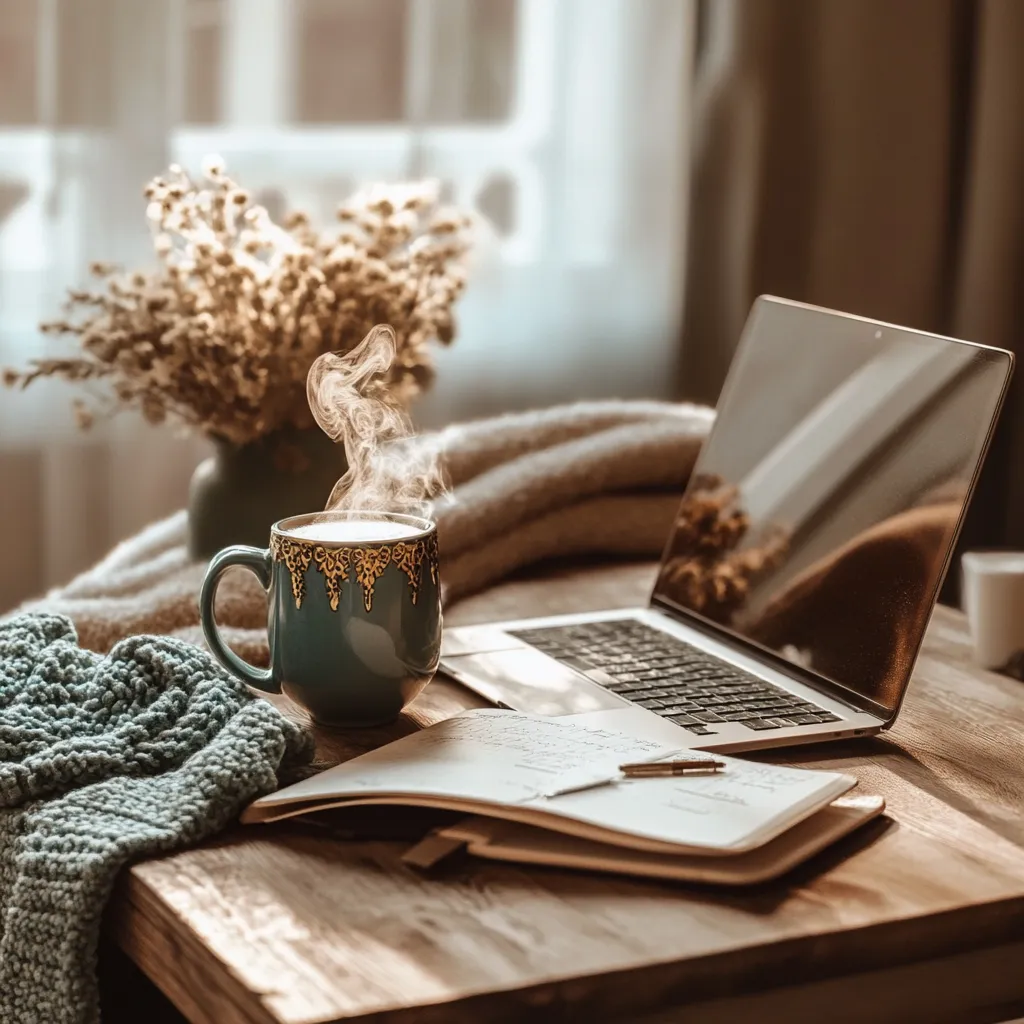 photo of planner, hot cocoa, and laptop, planning christmas festivities