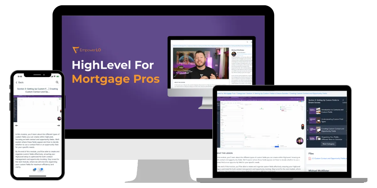 Various devices showing the HighLevel for Mortgage Pros course.