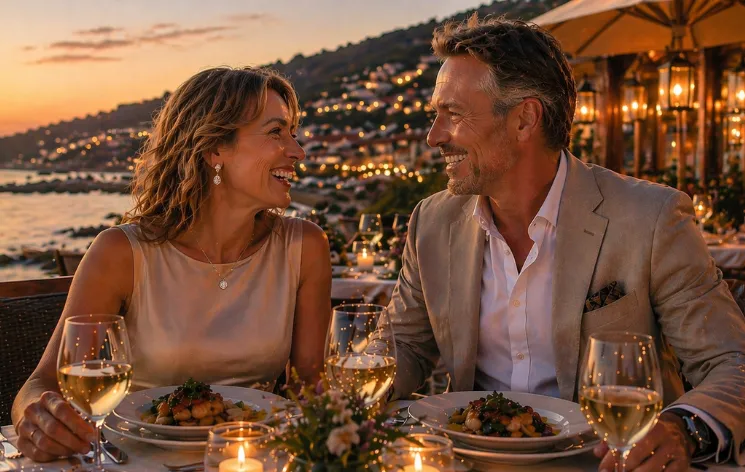 candle lit dinner with white wine