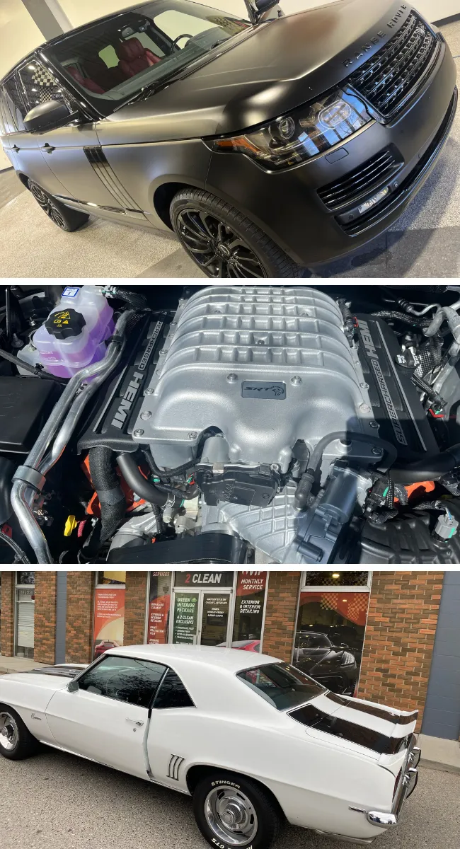 images of luxury and vintage vehicles and an engine that was professionally detailed  