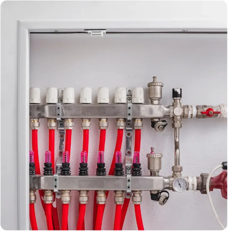 Detail van vloerverwarmingsverdeler met leidingen
