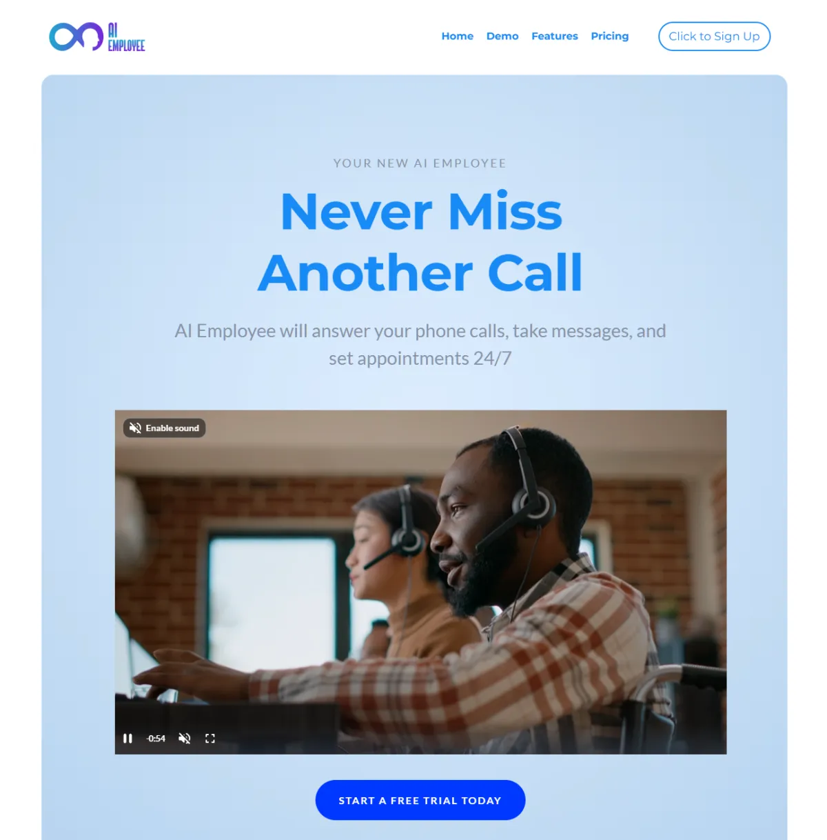 AI receptionist service in action, featuring diverse team members wearing headsets, engaged in call handling and customer support tasks, set in a modern office environment.