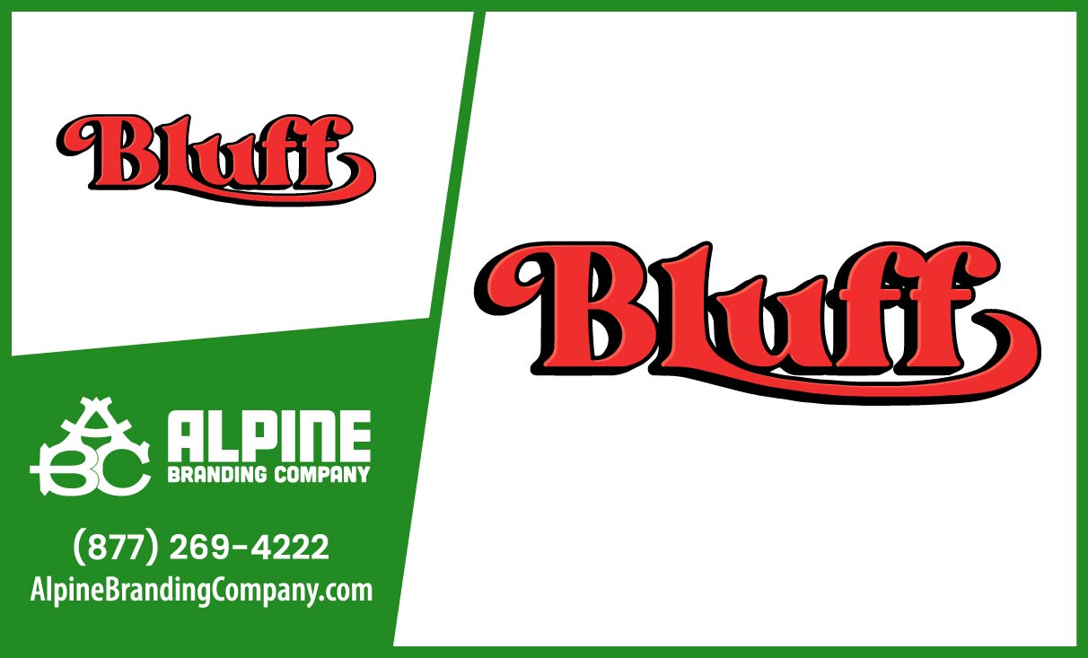 Bluff logo design by Alpine Branding Company, featuring bold red typography on a green background, emphasizing branding and graphic design services.