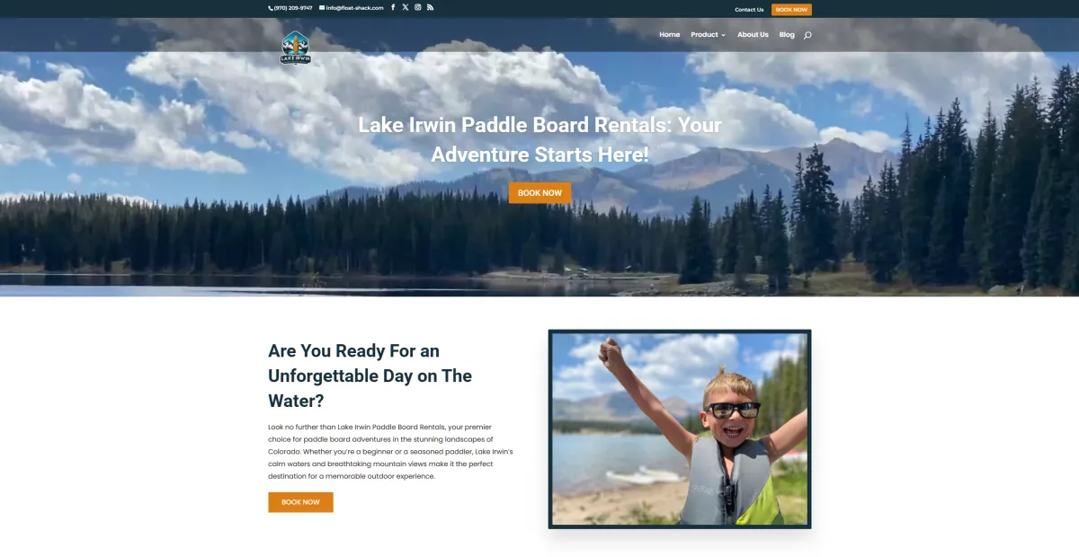 Child wearing sunglasses and a life jacket, smiling and raising arms in excitement at Lake Irwin, promoting paddle board rentals and outdoor adventures.