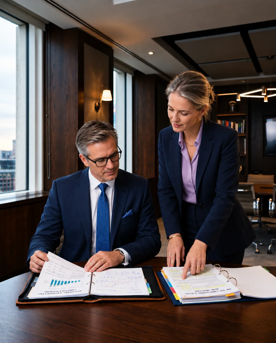 Senior financial partner reviewing strategic accounting forecast and corporate tax dossier with business executive in modern advisory office