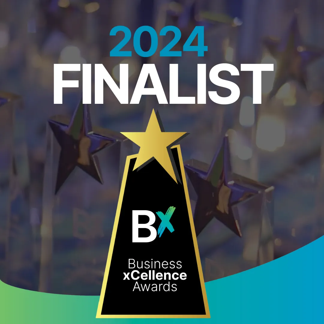2024 Finalist for Business xCellence Awards, featuring a star emblem and award backdrop, symbolizing recognition and excellence in property services.
