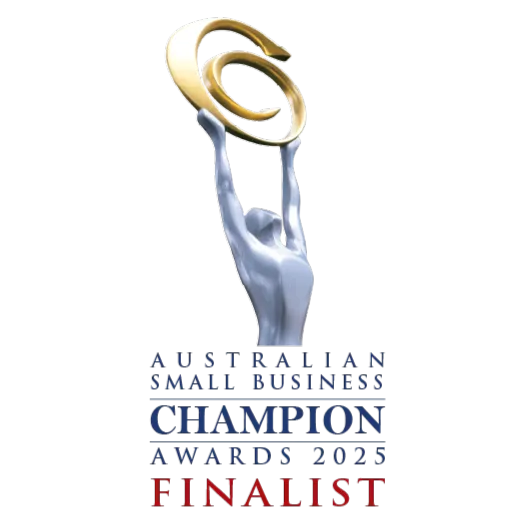 Australian Small Business Champion Awards 2025 finalist trophy with a silver figure holding a golden emblem.