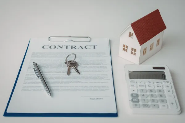 Contract document with keys, pen, calculator, and a model house, symbolizing property investment and settlement management.