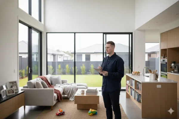 Man standing in a modern living room, holding a clipboard, assessing property features, with large windows showcasing a landscaped backyard, reflecting the agency's focus on thorough property inspections.