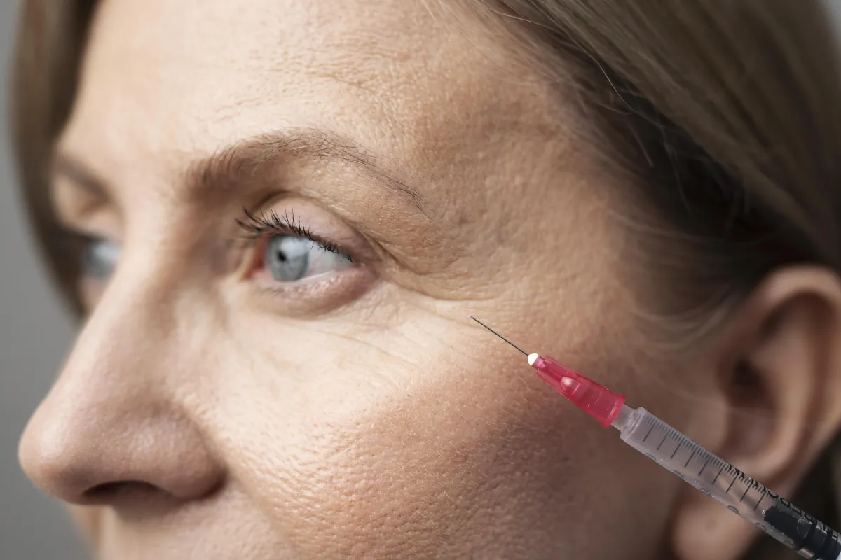 Woman with an injection needle pointing towards her eye smile wrinkles