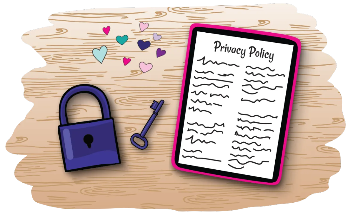 Illustration of a privacy policy document with a padlock, key, and colorful hearts on a wooden background.