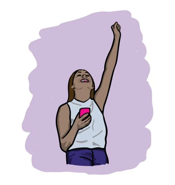 Illustration of a smiling woman holding a book, representing influence, growth, and positive impact.