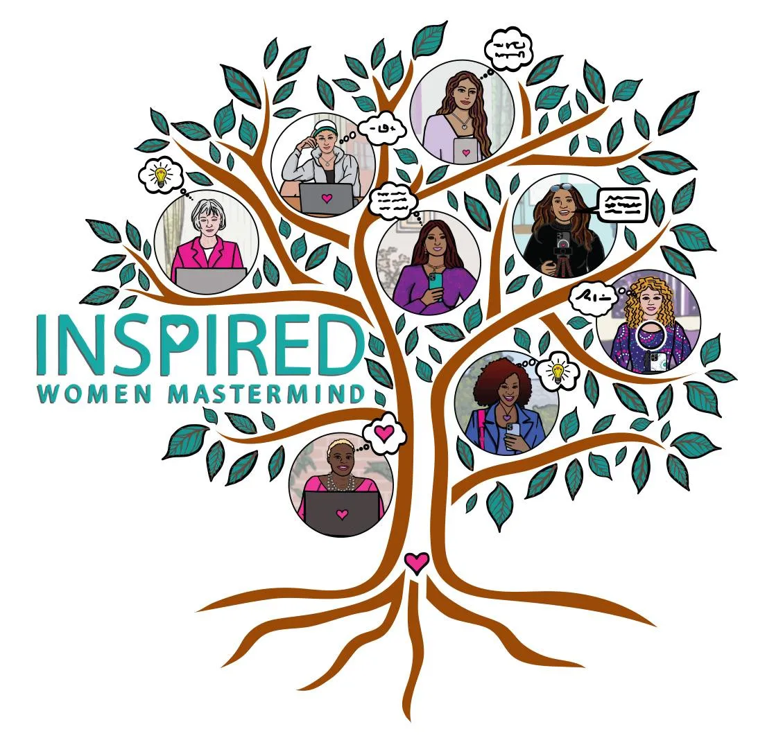Illustrated tree with branches featuring portraits of diverse women entrepreneurs, with the Inspire Women Mastermind logo.