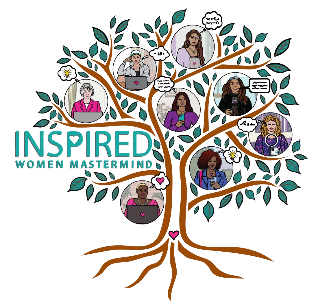Illustrated tree with branches featuring portraits of diverse women entrepreneurs, with the Inspire Women Mastermind logo.