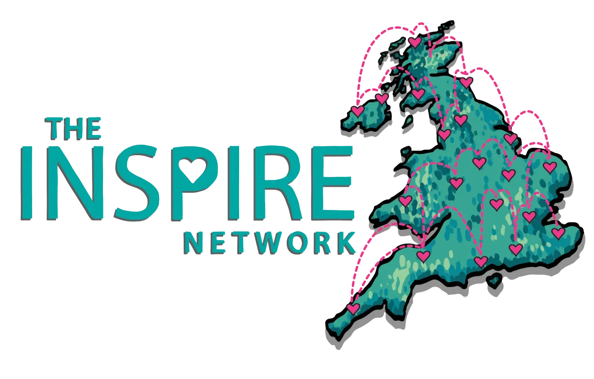 The Inspire Network logo with a teal map of the UK outlined in pink, decorated with pink hearts across various locations.