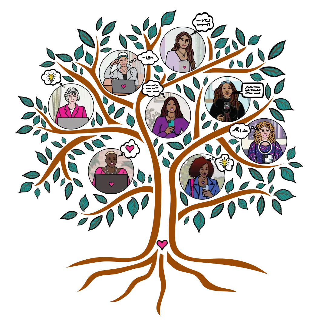 Illustrated tree with branches featuring diverse women in conversation and working on laptops, representing the Inspired Women Mastermind community.