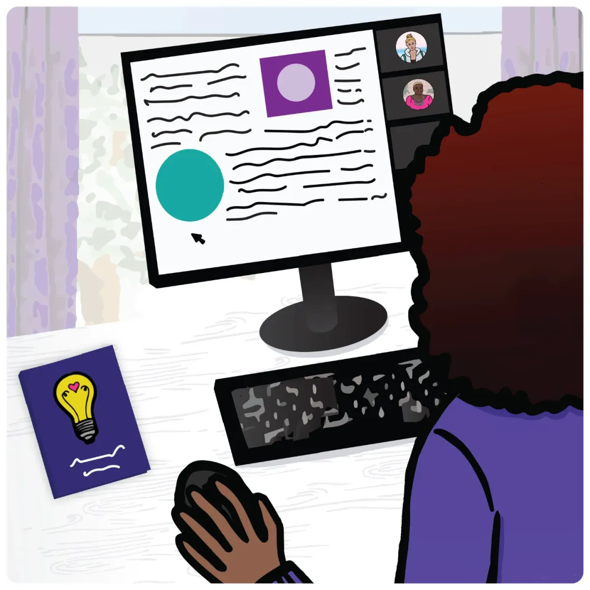 Illustration of a woman working on a desktop computer, participating in an online co-working session.
